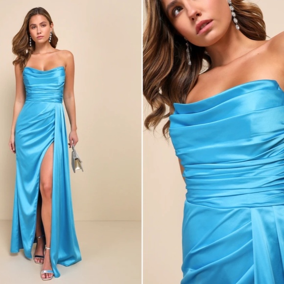 LULU's Sexy Prom Wedding Bridesmaid Elegant Satin Chic Retro Glamorous Gown - Picture 4 of 6
